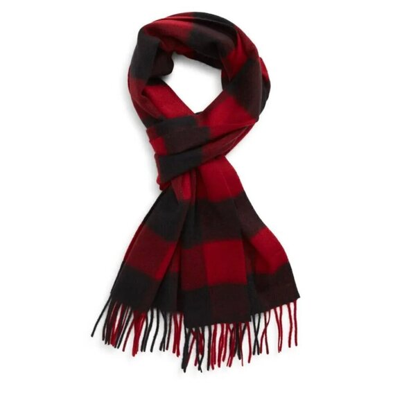 Nordstrom Cashmere Fringe Scarf Red Black Buffalo Check NWOT - Picture 1 of 4